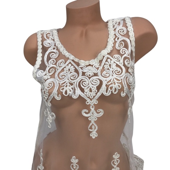 Boho White Embroidered Lace Sheer Mesh Overlay Dressy Tank Top Blouse SZ Small - Picture 2 of 5